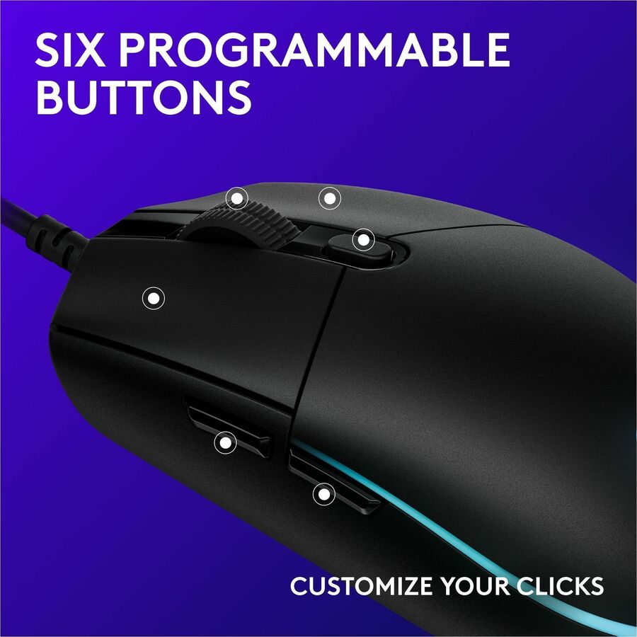 Logitech G203 Wired Gaming Mouse, 8,000 DPI, Rainbow Optical Effect LIGHTSYNC RGB, 6 Programmable Buttons, Black