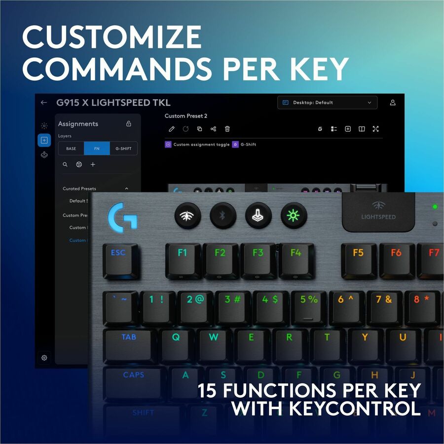 Logitech G915 X LIGHTSPEED TKL Low-Profile Wireless Gaming Keyboard, Double-Shot PBT Keycaps, Fully Programmable Keys, RGB Backlighting, Sleek Aluminum Finishing, GL Blue Clicky - PC/Mac