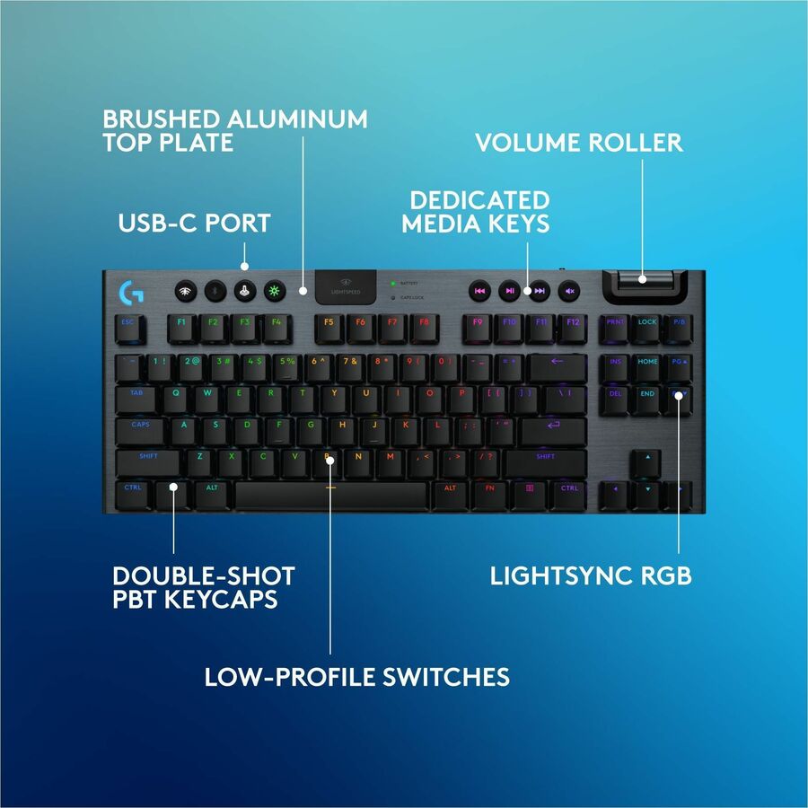 Logitech G915 X LIGHTSPEED TKL Low-Profile Wireless Gaming Keyboard, Double-Shot PBT Keycaps, Fully Programmable Keys, RGB Backlighting, Sleek Aluminum Finishing, GL Blue Clicky - PC/Mac