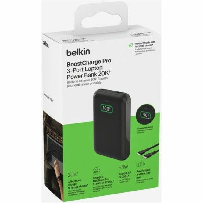 Belkin 65W 3-port USB Power Bank w/ Digital Display - 20K mAh - 2xUSB-C, 1xUSB-A - Portable Charger - w/ USB-C to USB-C Cable - Black