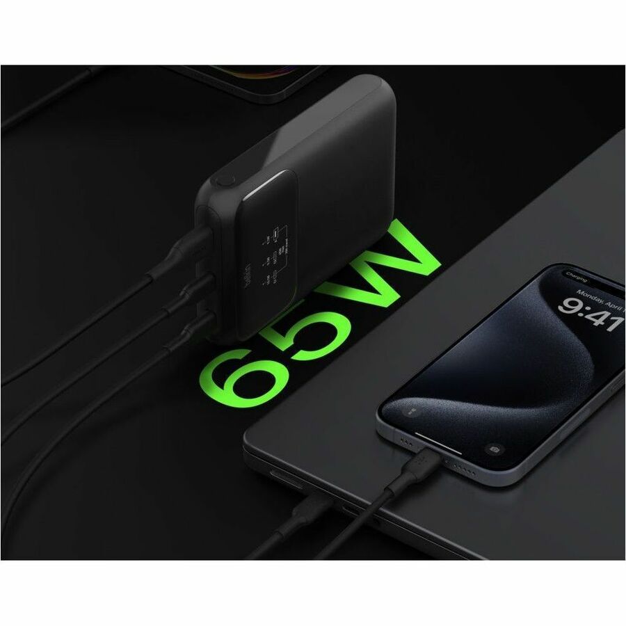Belkin 65W 3-port USB Power Bank w/ Digital Display - 20K mAh - 2xUSB-C, 1xUSB-A - Portable Charger - w/ USB-C to USB-C Cable - Black